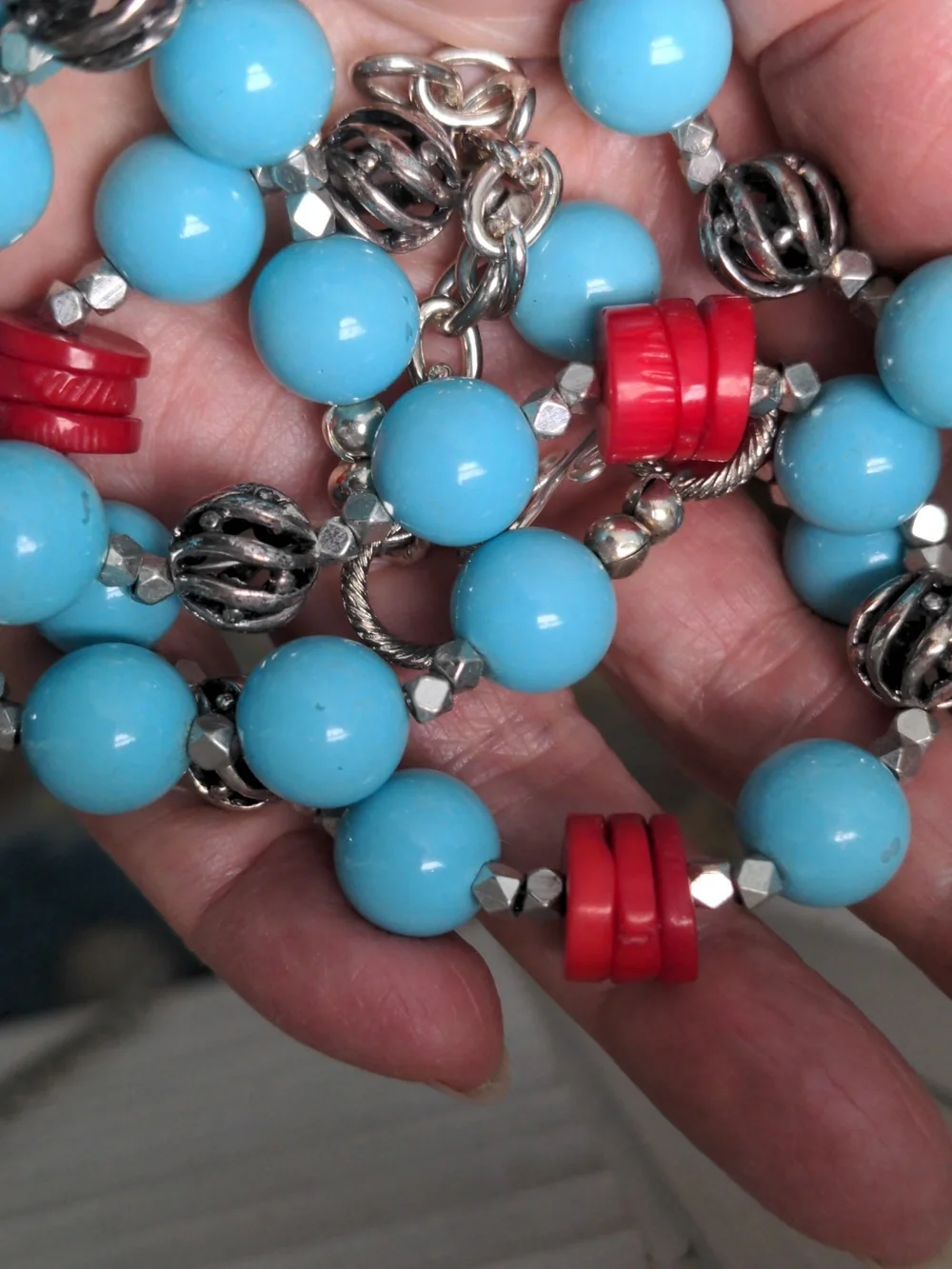 Turquoise Hued Blue & Red Coral  Bead Necklace , 25